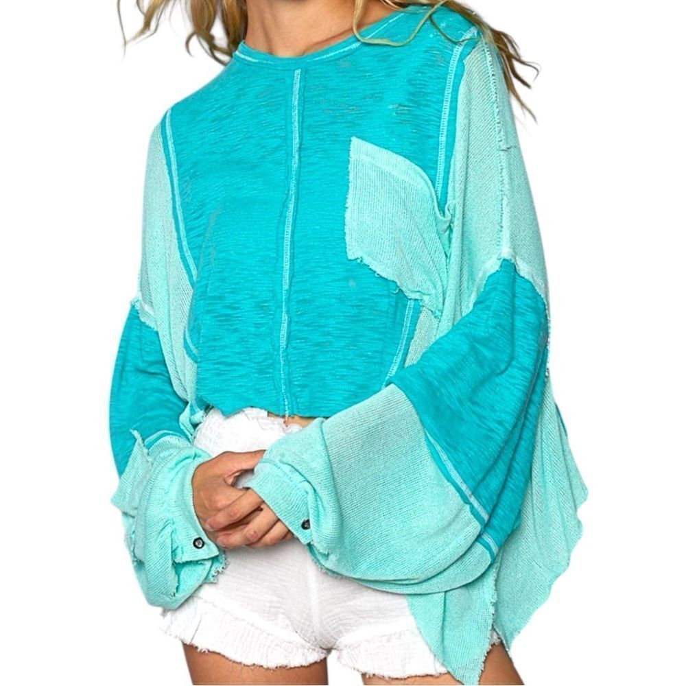 POL Oversized Top Boho Turquoise Green Round Contrast Stitching High-Low Large - Picture 2 of 7